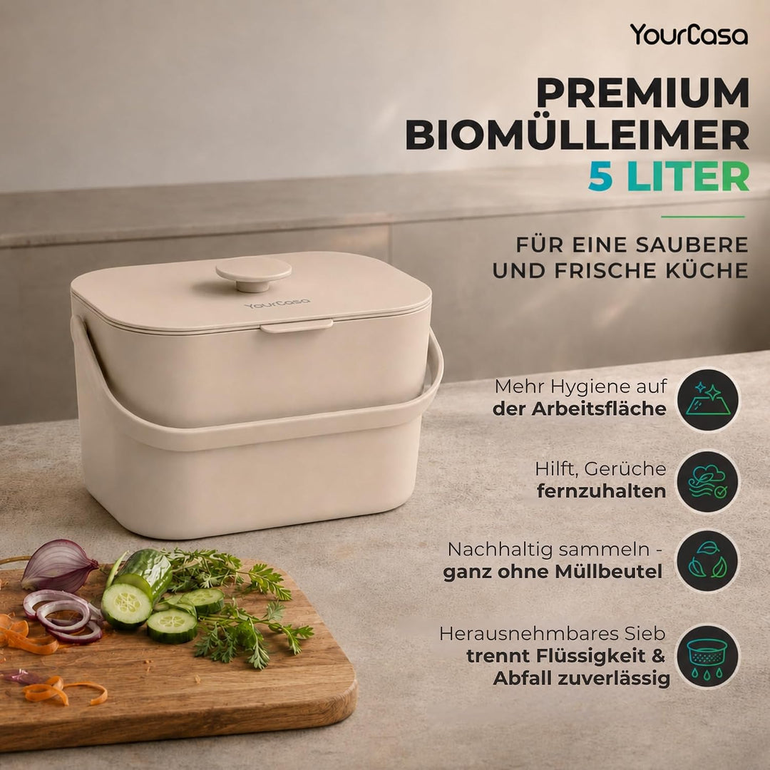 YourCasa Biomülleimer Küche 5L - Komposteimer für alltäglichen Biomüll Behälter - Spülmaschinenfest