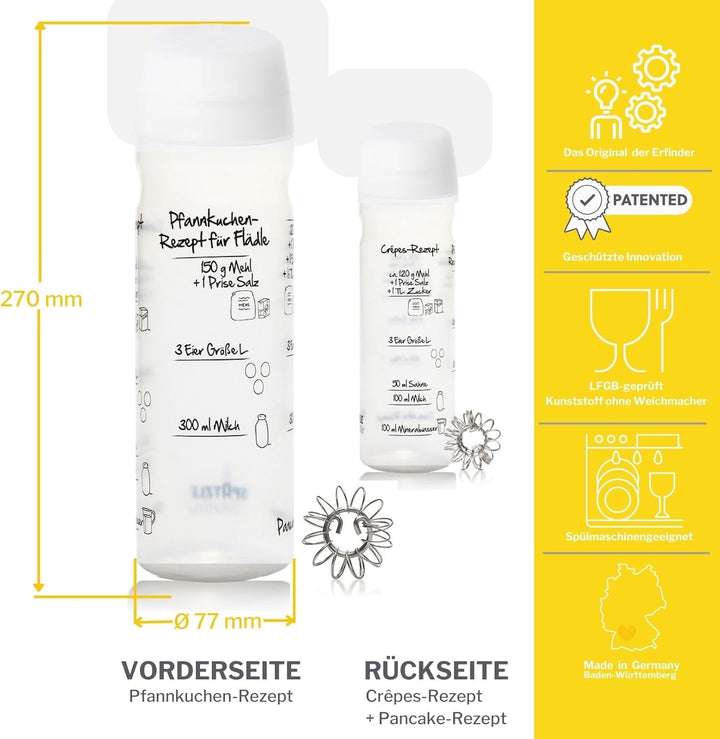 Pfannkuchen-Shaker (WEIss) für 4 Portionen (875ml) Pfannkuchenteig mit Rezeptaufdruck für Pfannkuche