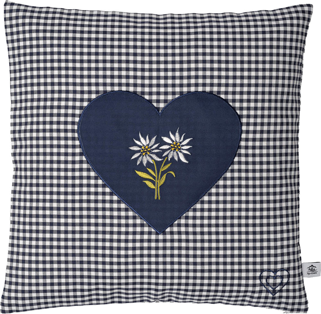 Zirbenkissen bestickt mit Herz und Edelweiss blau karriert Grösse 40x40 cm befüllt mit Zirbenflocken