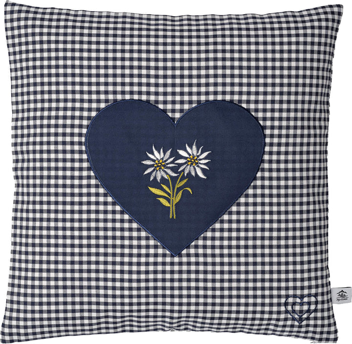 Zirbenkissen bestickt mit Herz und Edelweiss blau karriert Grösse 40x40 cm befüllt mit Zirbenflocken