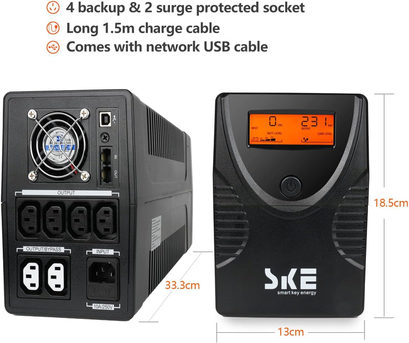 SKE USV 1250VA/720W Unterbrechungsfreie Stromversorgung USV 230V für Computer Router UPV Stromversor