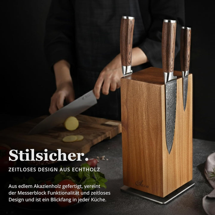 Maestro Messerblock magnetisch 360° drehbar Messerhalter aus massivem Akazienholz mit Edelstahlbasis