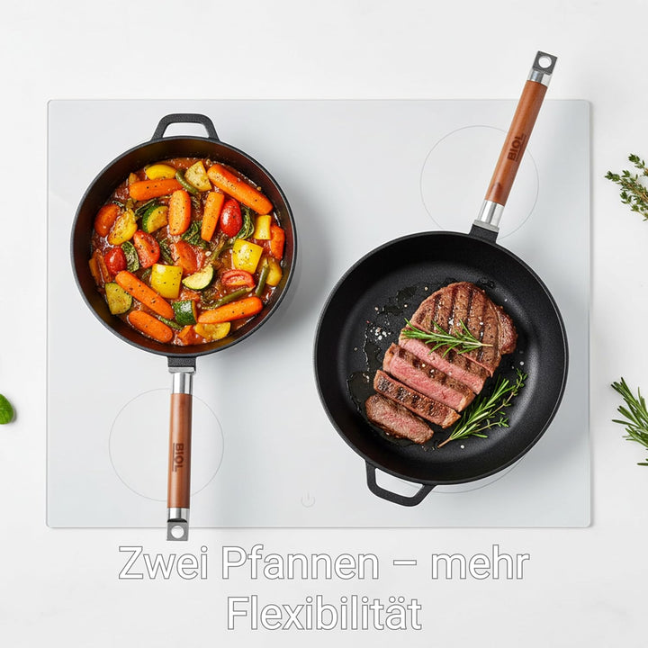 BIOL Gusseisen Pfannen Set 24 cm + 26 cm – 2-teilig – Mit abnehmbaren Holzgriffen – Für Induktion, G