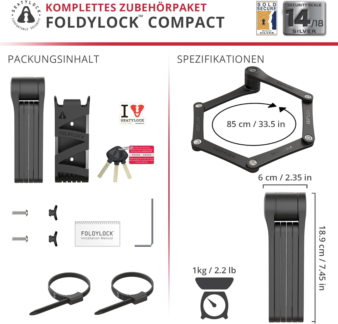 FoldyLock Compact Fahrrad Faltschloss – Patentiertes Testsieger Fahrradschloss mit Schlüssel und Hal