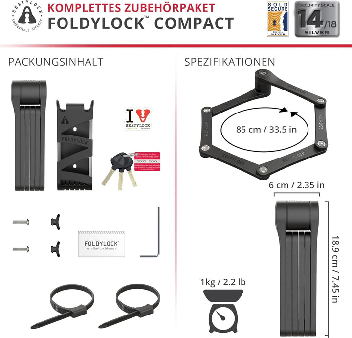 FoldyLock Compact Fahrrad Faltschloss – Patentiertes Testsieger Fahrradschloss mit Schlüssel und Hal