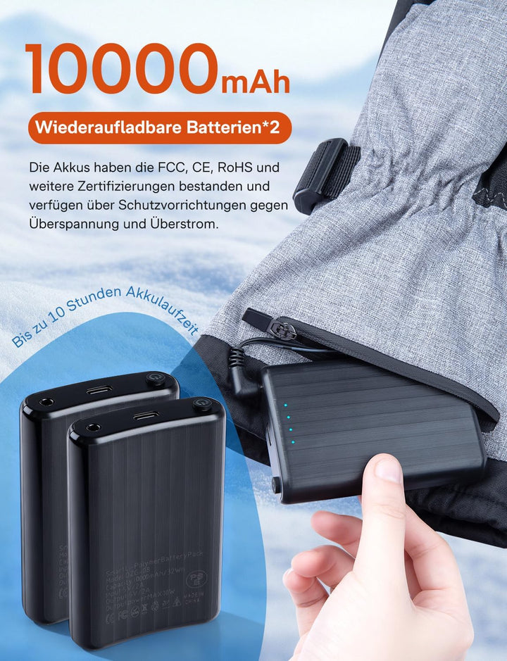 ALLJOY Beheizbare Handschuhe, 10000mAh Beheizte Handschuhe Wiederaufladbar mit 3 Heizstufen, Geschen