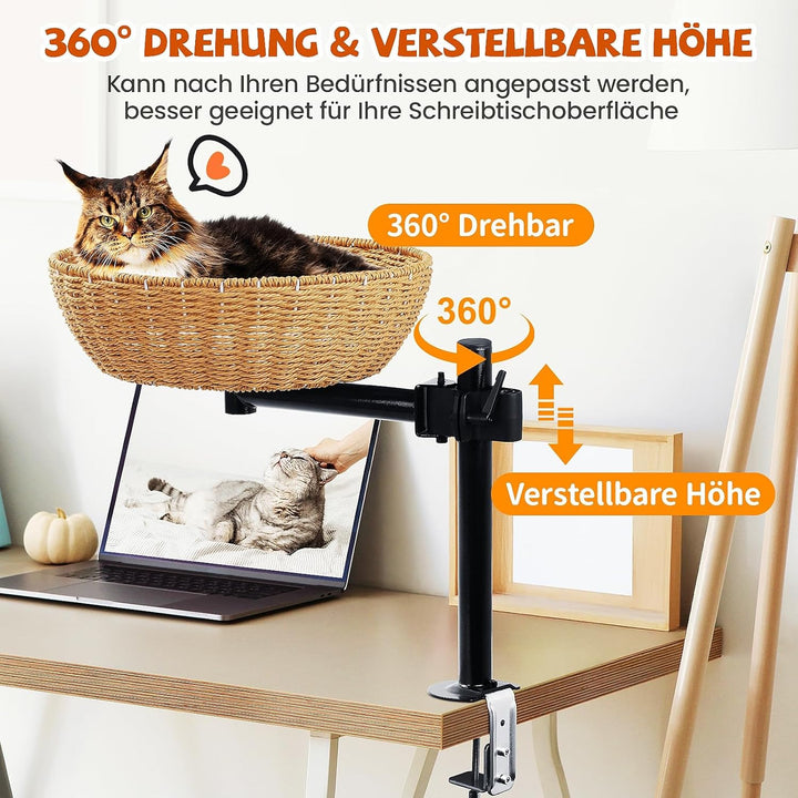 Katzenbett für Schreibtisch - 360°Drehung, verstellbare Höhe Kein Bohren Erhöhtes Katzenhaus über Sc