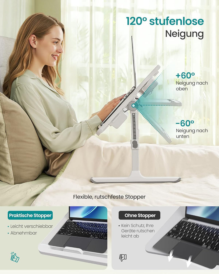 SONGMICS Laptoptisch, Betttisch, Laptopständer, 56 x 40 cm grosse Tischplatte, 120° stufenlos verste