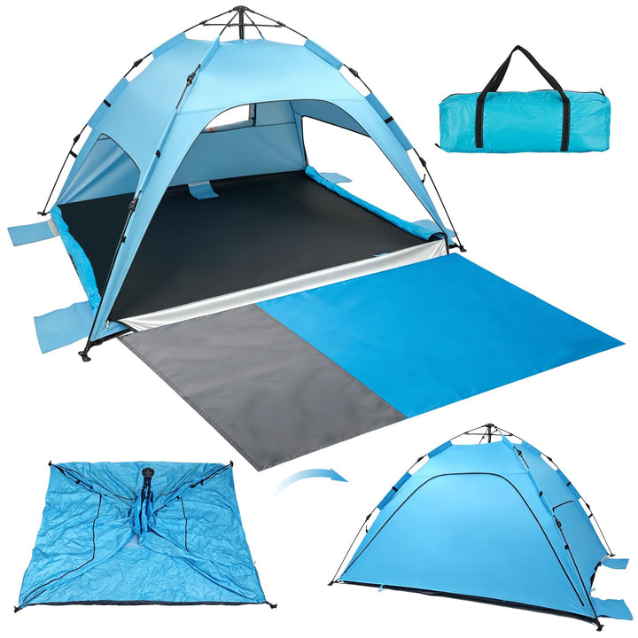 Strandzelt Strandmuschel Pop Up, UV Schutz 50+ Sonnenzelt mit Wasserdichter Strandmatte für 3-4 Pers