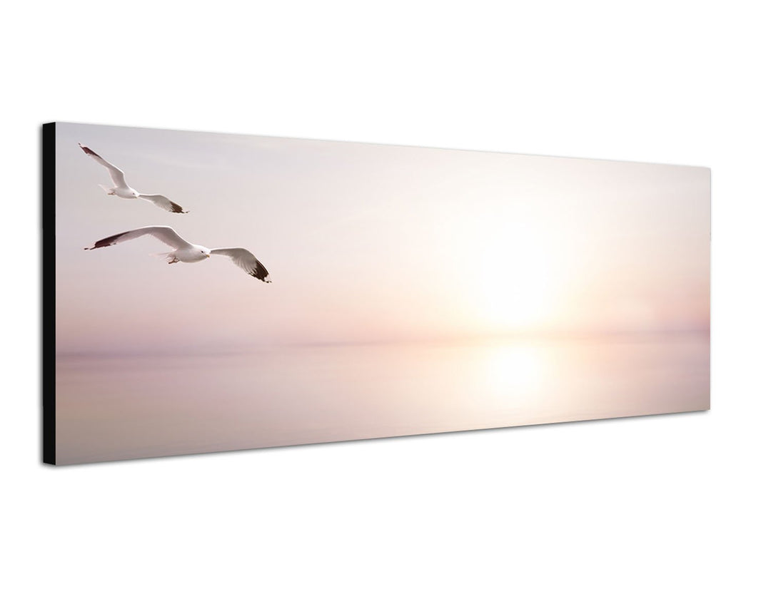 Paul Sinus Art Panoramabild auf Leinwand und Keilrahmen 120x40cm Meer Sonnenlicht Möwen abstrakt