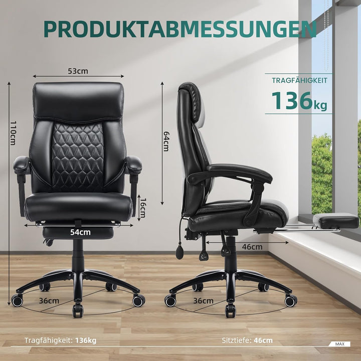 COLAMY Chefsessel Ergonomisch mit Fussstütze, Aufblasbarer Lendenstütze, 117° Kippfunktion, Gepolste