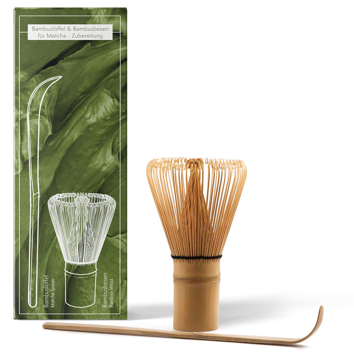 Matcha Besen und Löffel Set - handgefertigter Bambusbesen (Chasen) mit Löffel (Chashaku) für die tra