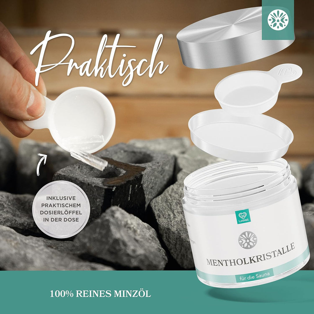 LoWell - Sauna Set Mentholkristalle 100g + Aufgussstein - Perfekte Kombination und Ideal als Geschen