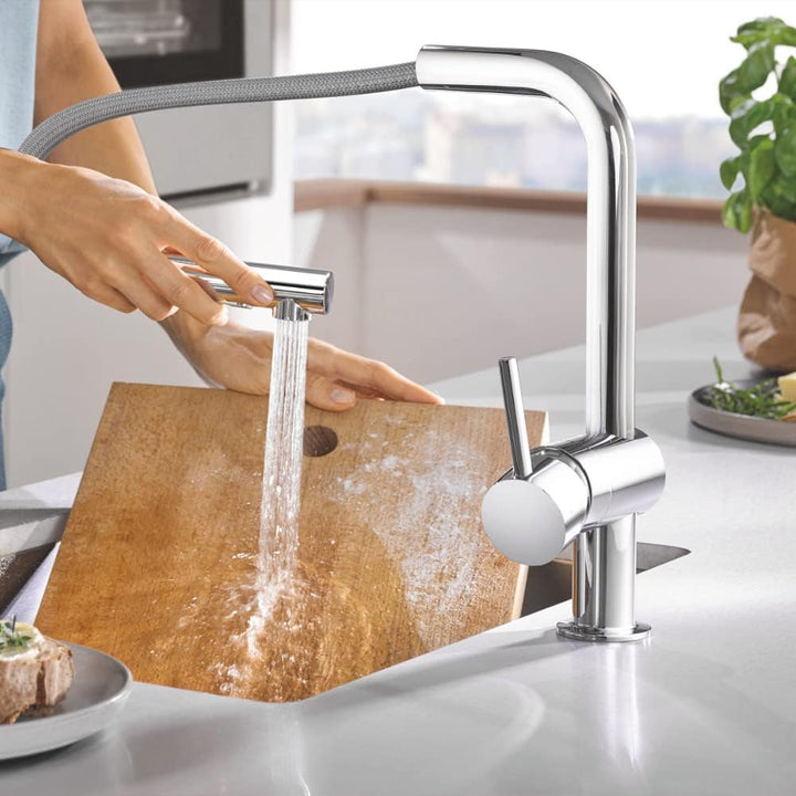 GROHE Minta - Einhand- Küchenarmatur (L-Auslauf, herausziehbare Dual-Spülbrause, 360° schwenkbar, kr