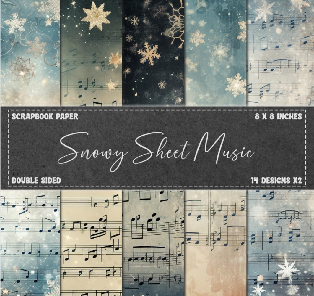 Scrapbook Paper: Sheet Music Patterns, Vintage Snowy Themed, Winter Musical Notes, Double Sided 8 x