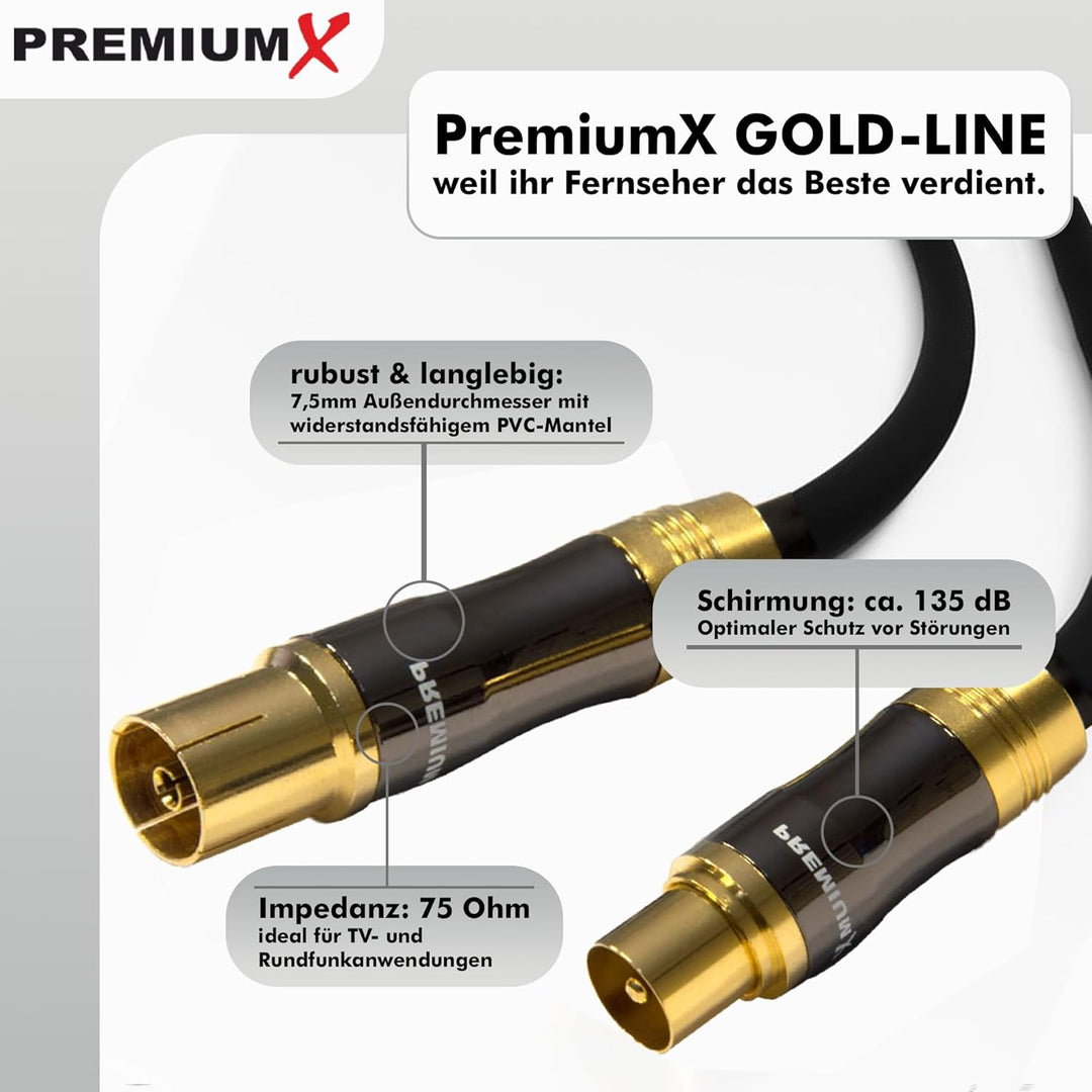 PremiumX 30m Gold-Line TV Antennenkabel Schwarz IEC-Anschlusskabel Koax Stecker - Kupplung Koaxialka