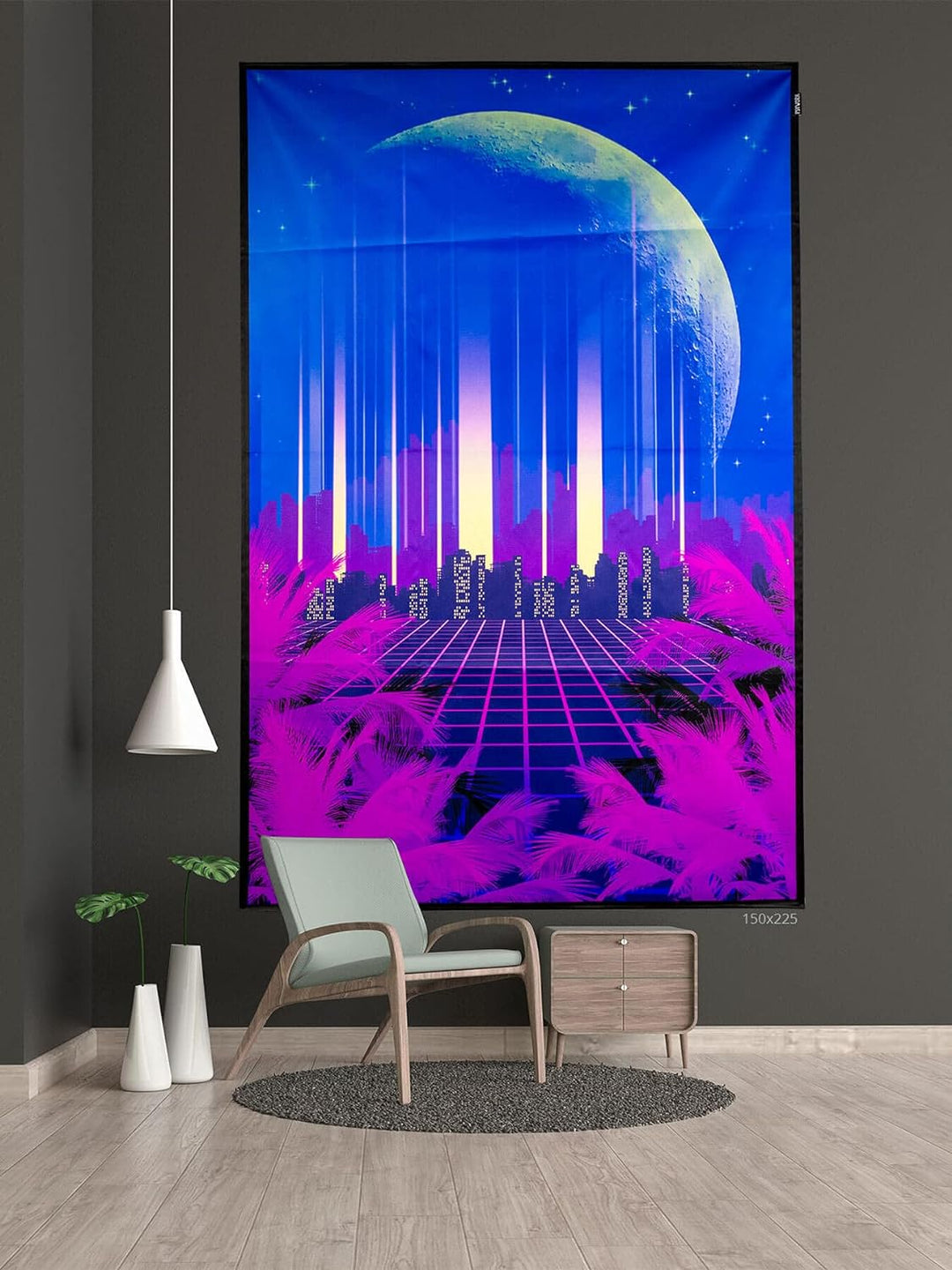 PSYWORK Schwarzlicht Stoffposter Neon | Vaporware 80 Skyline | 1,5 x 2,25m | UV-aktiv | fluoresziere