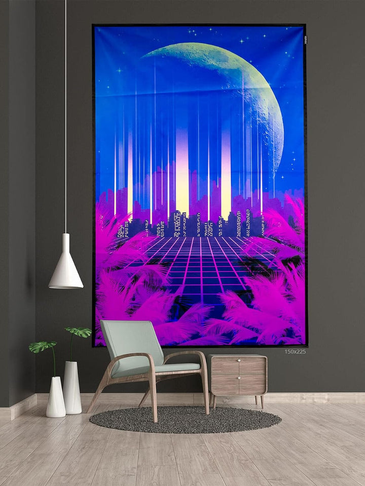 PSYWORK Schwarzlicht Stoffposter Neon | Vaporware 80 Skyline | 1,5 x 2,25m | UV-aktiv | fluoresziere