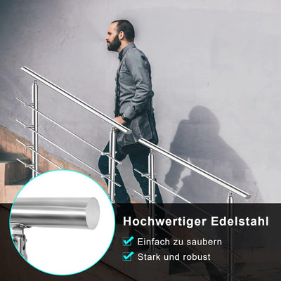 Ikodm Handlauf Edelstahl Treppengeländer Aussen & Innen 100 cm, Ø42mm mit 2 Querstreben und Zubehör,