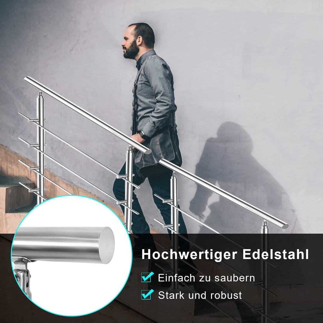 Ikodm Handlauf Edelstahl Treppengeländer Aussen & Innen 150 cm, Ø42mm mit 5 Querstreben und Zubehör,