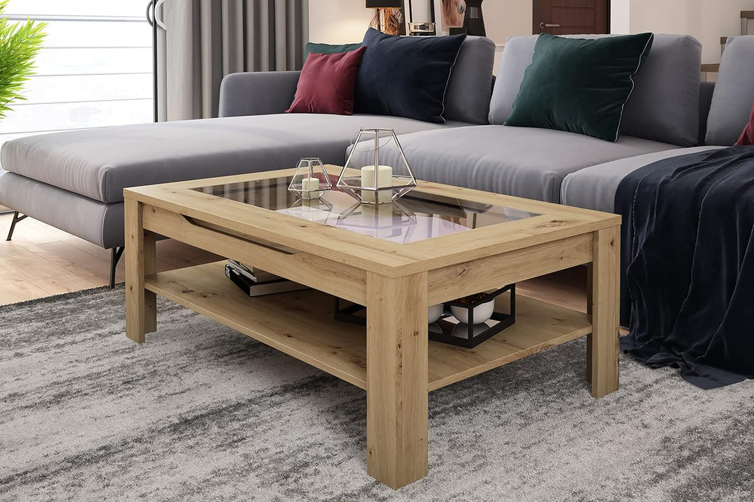 byLIVING Couchtisch RALPH/moderner Sofatisch mit Glaseinlage und grosszügiger Schublade in Eiche-Opt