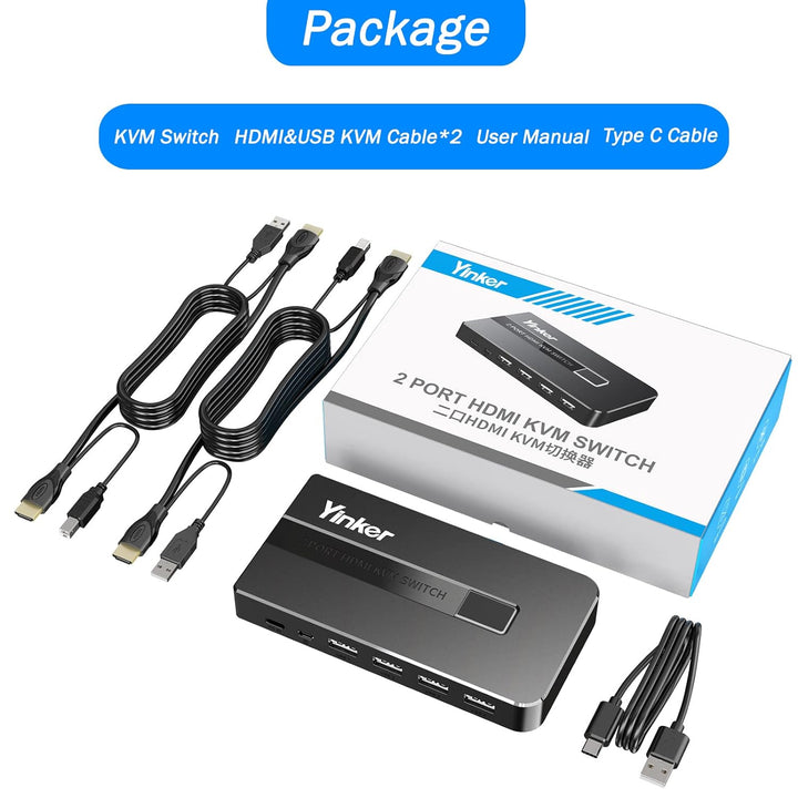 4K 60Hz HDMI KVM Switch 2 Port, Yinker HDMI KVM Switch 2 PC unterstützt 2 Computer 1 Monitor Keyboar