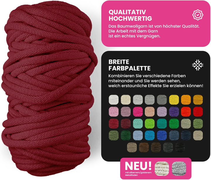 Netuno 1x Makramee Garn Bordeaux 9 mm 50 m Baumwollkordel mit Polyesterkern Dickes Garn Makramee Kor