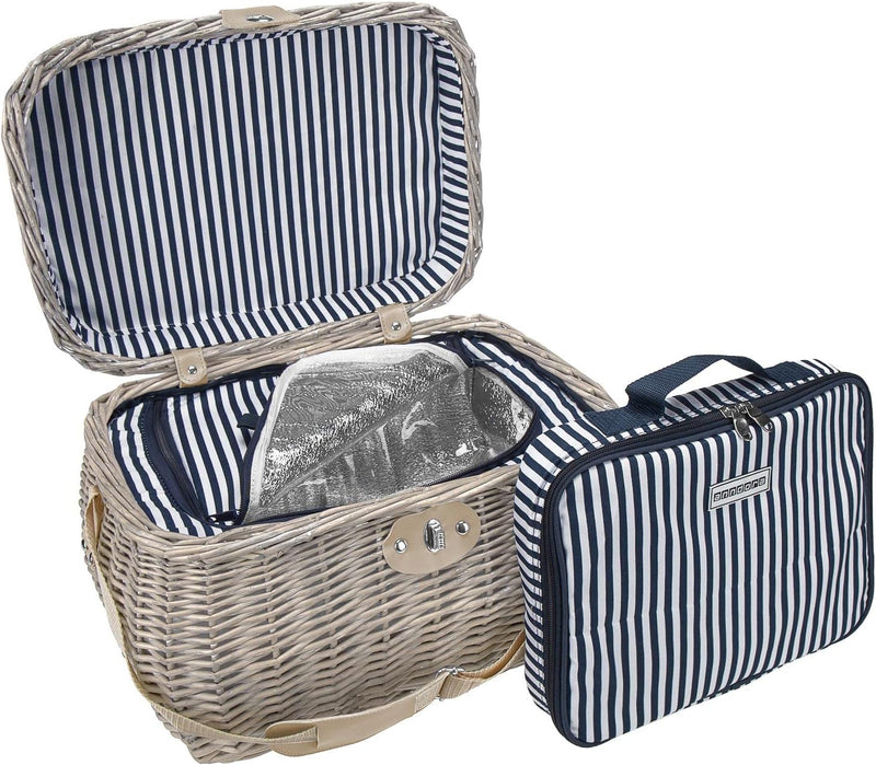 anndora Picknickkorb beige mit Isolierfach blau gestreift inkl. Zubehör 21 Teile - 4 Personen X: Bla