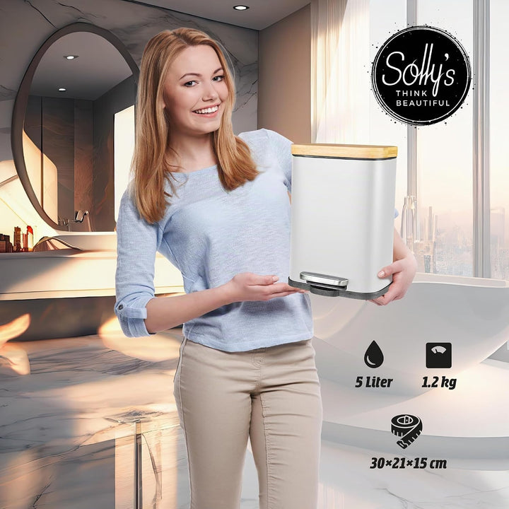 Solly´s 5L Kosmetikeimer mit Bambus Deckel, Bad Treteimer mit Absenkautomatik, pulverbeschichtet, ru
