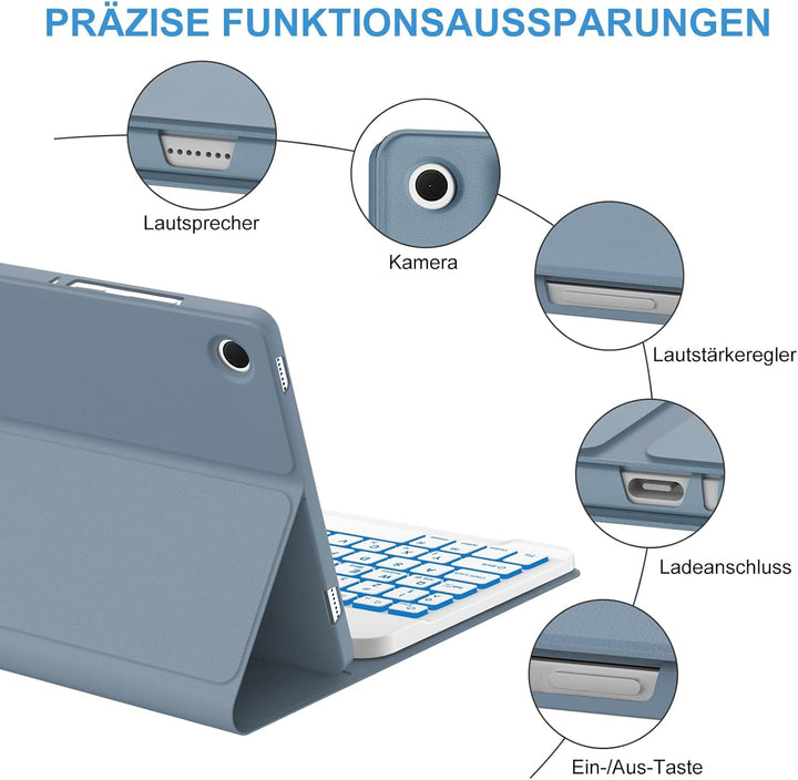 Hülle mit Tastatur für Samsung Tab A11+ & A9+ 11" (2025/2023) mit 7-Farben Beleuchtung, DE QWERTZ Bl