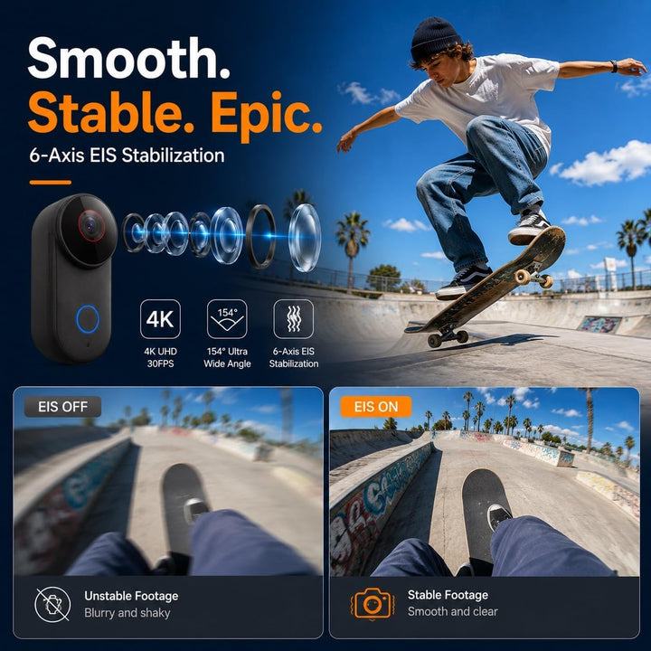4K Ultra HD Action Cam, 6-Achsen elektronische Bildstabilisierung, 154° Weitwinkelobjektiv, wasserdi