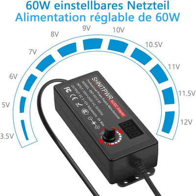 SHNITPWR Universal 3.5V~12V Netzteil 60W 5A Schalt-Netzteil Adapter AC/DC, mit 14 pcs Adapter Stecke