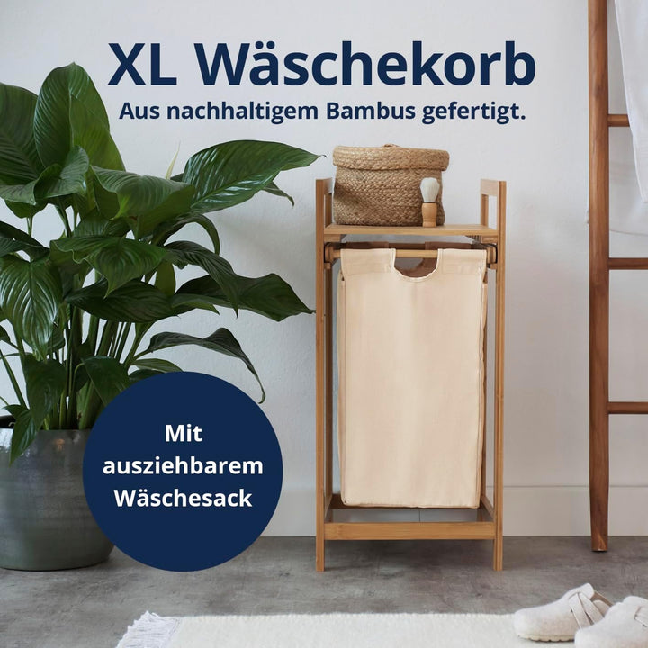 Lumaland Wäschekorb Bambus mit ausziehbarem Wäschesack | Pflegeleichtes Material, unempfindlich gege