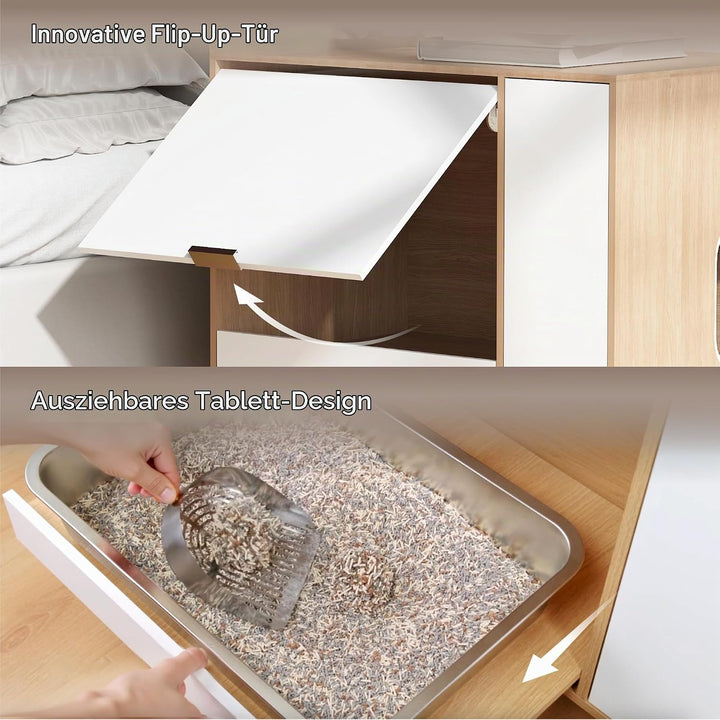 Katzenschrank mit Klappe nach Oben Tür &amp; Schublade, 80x50x60 cm | Katzentoilette Versteck als Beiste