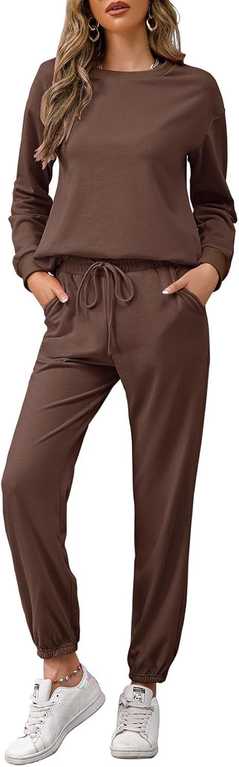 REORIA Damen Tracksuit Langarm Rundhalsausschnitt Einfarbig Zweiteiler Outfit Hoodie Jogger Training