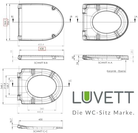 LUVETT® WC-Sitz mit Absenkautomatik D140 D-Form Soft Close® & TakeOff EasyClean Abnahme, hygienisch