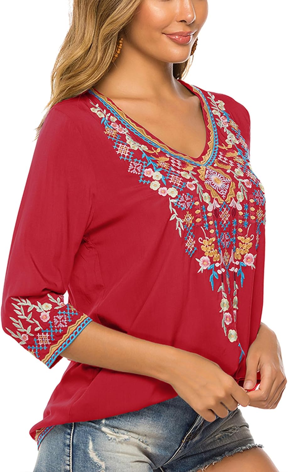 Hippie Kleidung Damen Bohemian Folklore Stickerei Bluse 3/4 äRmel V Ausschnitt Tunika Sommer LäSsige