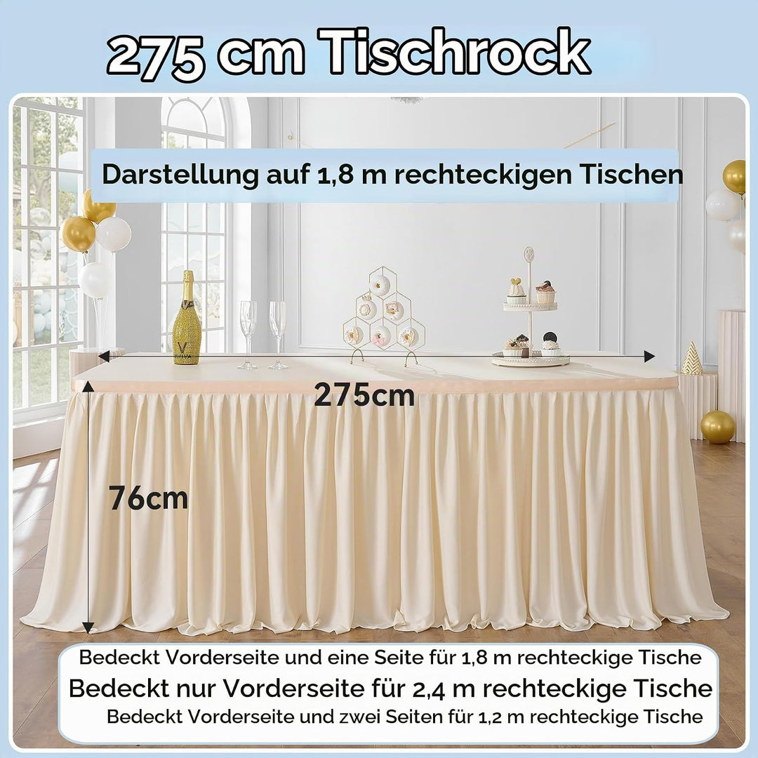275cm Elfenbein Polyester Tischröcke für Rechteck Tische, Faltenfreie Rüschen Falten Tuch Tutu Tisch