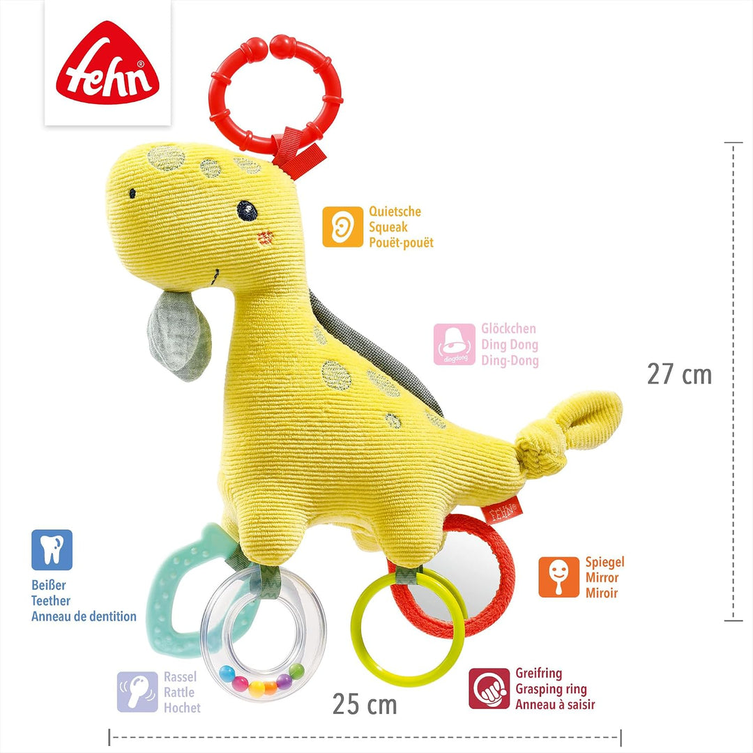 Fehn Activity Spielzeug Dino - Motorikspielzeug mit Befestigungsring - Baby Spieltier mit Greif Elem