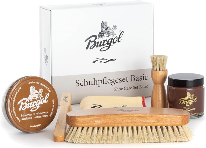 Burgol Schuhpflegeset Basic mit Schuhpomade, Schuhwachs, Rosshaarbürsten und Poliertuch: Farbe: Mitt