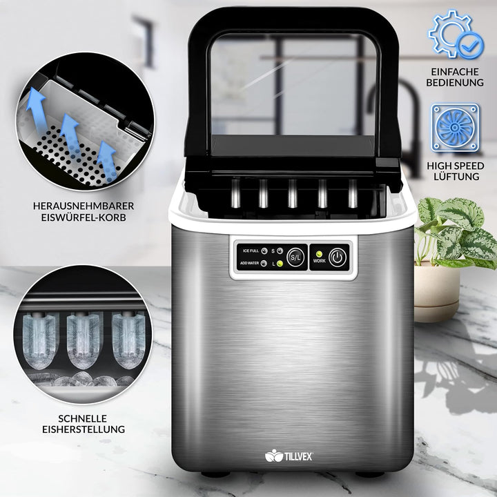 tillvex Eiswürfelmaschine Edelstahl 12 kg - 24 h | Eiswürfelbereiter 2,2 Liter Wassertank | Ice-Make