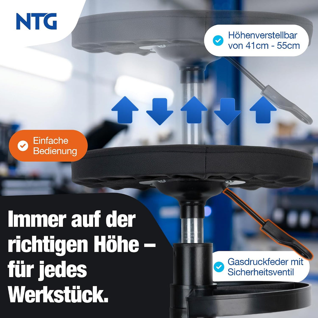 NTG Rollhocker höhenverstellbar 55 cm - Werkstatthocker 100 kg 5 Rollen | Drehhocker Montagehocker m