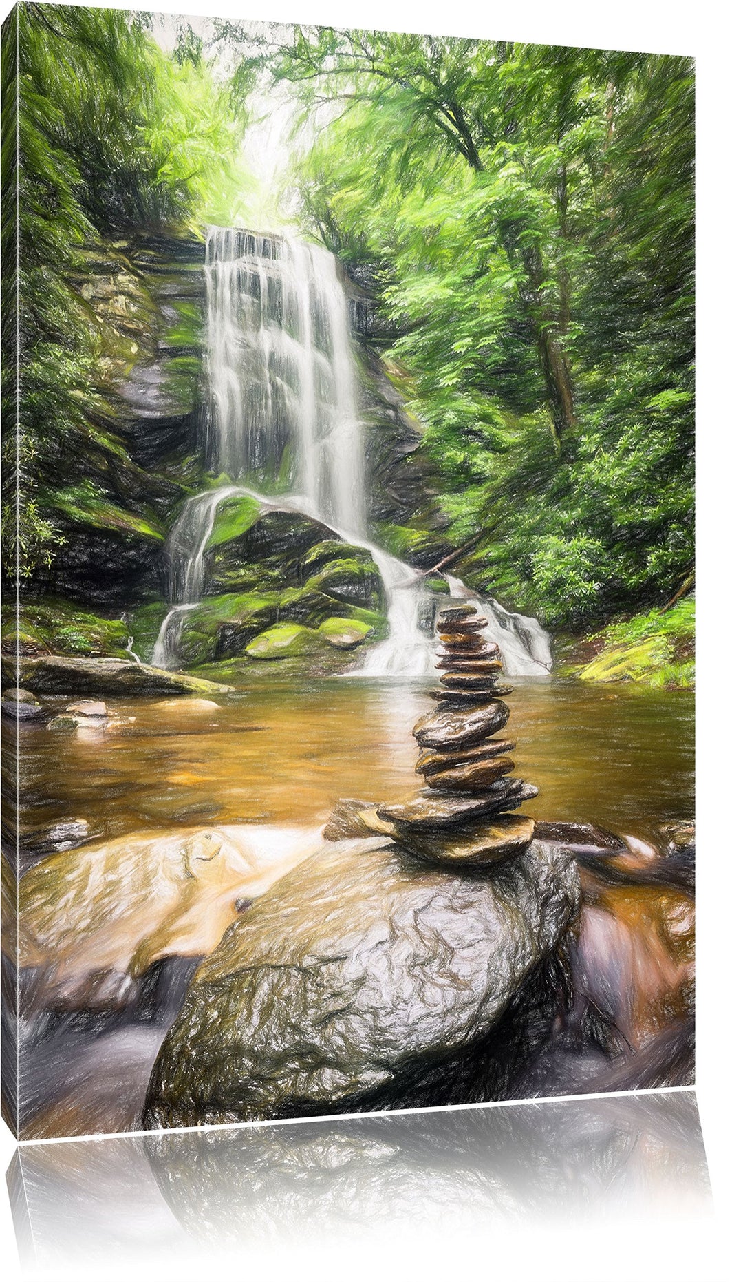 Pixxprint Zen Steine vor Wasserfall Kunst Buntstift Effekt, Format: 100x70 auf Leinwand, 100x70