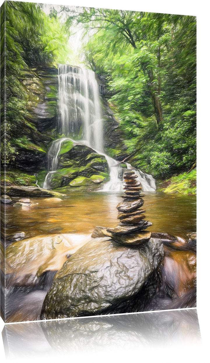 Pixxprint Zen Steine vor Wasserfall Kunst Buntstift Effekt, Format: 100x70 auf Leinwand, 100x70