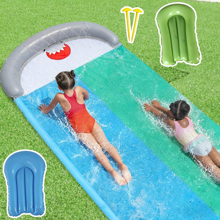 550 x 145cm Wasserrutsche mit 2 Bodyboard, Doppel-Wasserrutsche, Wasserrutschbahn für Kinder und Erw