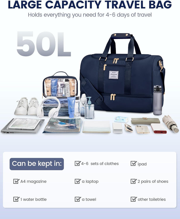 LOVEVOOK Sporttasche Reisetasche Gross, 50L Weekender Travel Duffel Bags mit Kulturtasche, Schuhfach