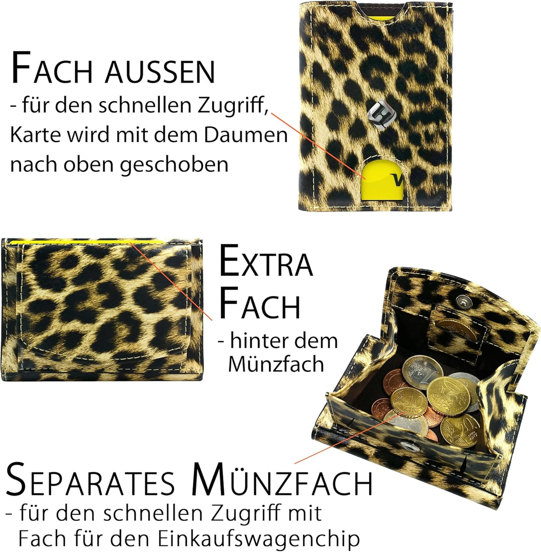Kleine Geldbörse Damen Mini, Reise Portemonnaie viele Fächer, Leopard Look, RFID Blocker, Münzfach |