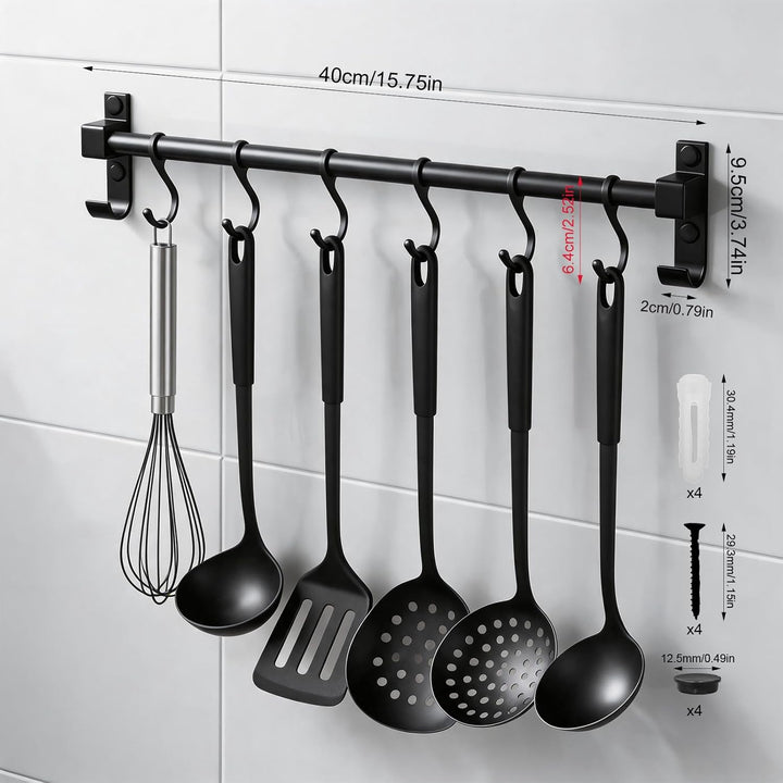 Hakenleiste Küche 40 cm, Aluminium Hängeleiste Küche, Stange für Küchenutensilien mit Beweglichen Ha