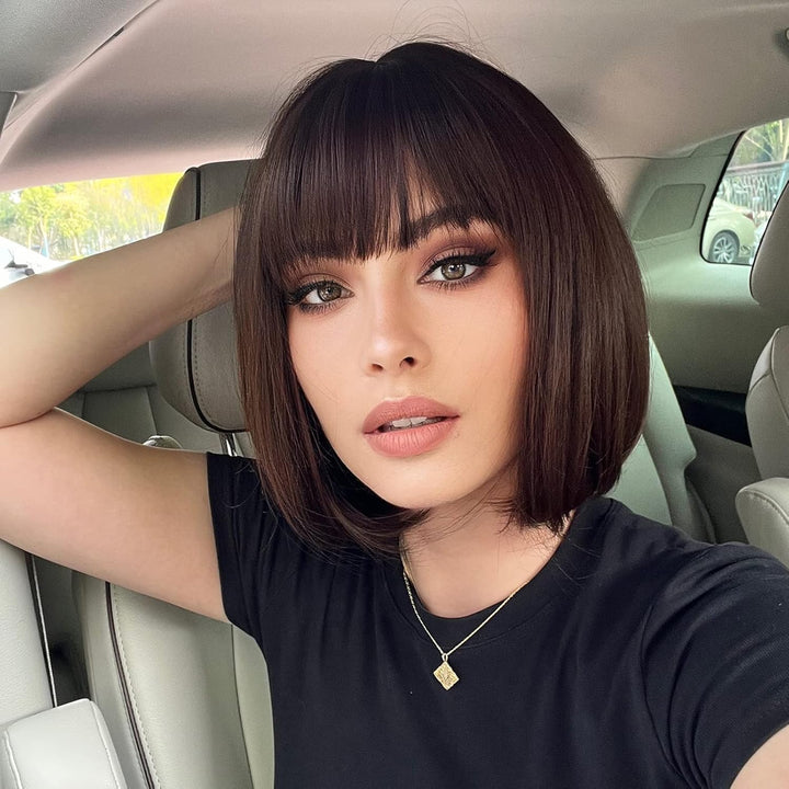 HAIRCUBE Gerade Kurze Charmante Bob mit Bangs Perücken für Frau Natur Hitzebeständige Synthetische F