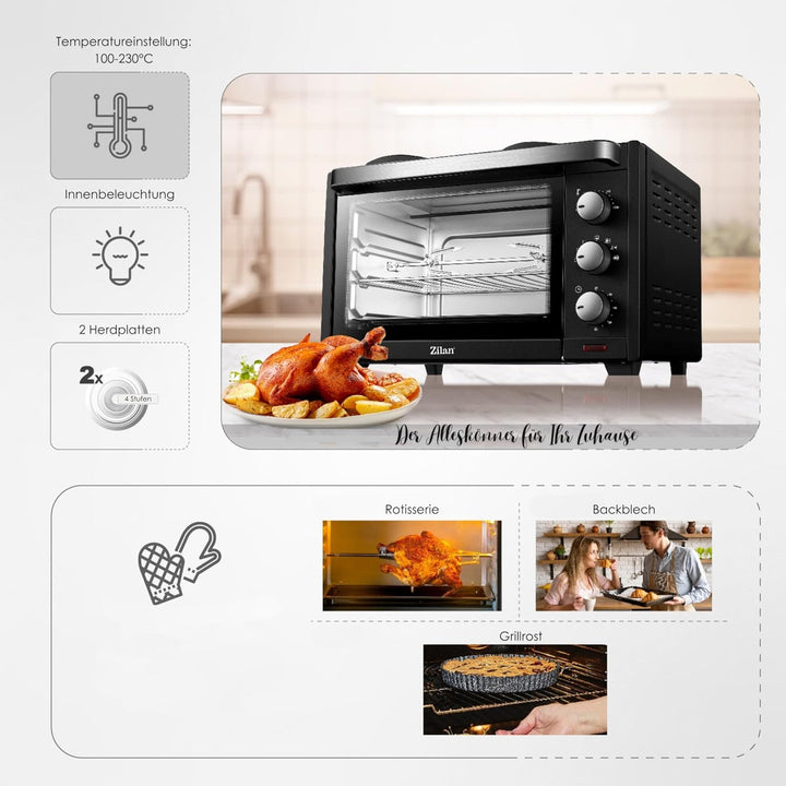 Mini Backofen mit Herdplatten 28 Liter | Elektrischer Drehspiess | Integrierte Kochplatten | Pizza-O